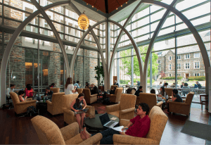 Scene from inside the Von Der Heyden Pavilion, Perkins Library, on Duke’s West Campus.