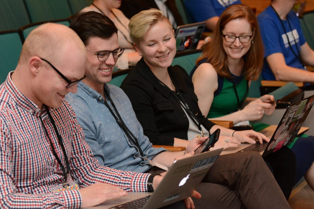 DinnerPLAnsbot team at the DPLAfest developer showcase. Left to right: Brandon Locke, Scott W. H. Young, Alexandra Murray, Laura Wrubel.