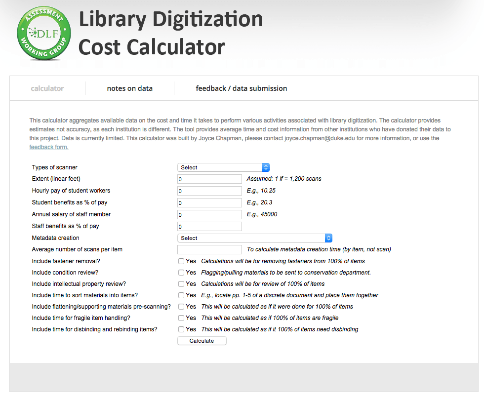 Screen Shot of beta version of Digitization Cost Calculator