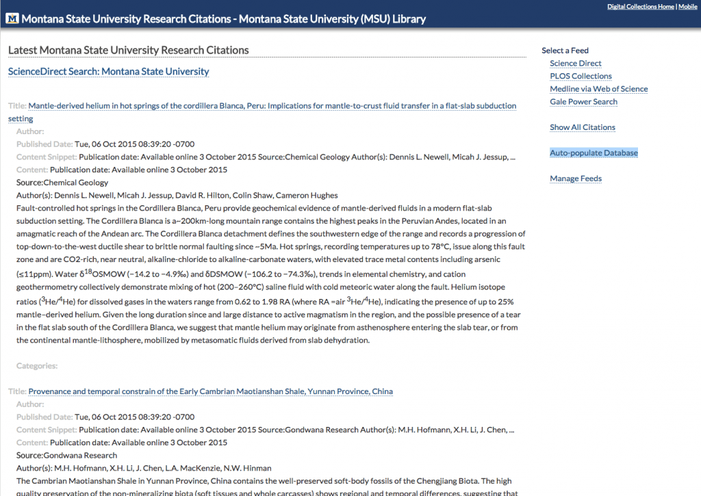 Figure 1.1 Public view of our citation data, which can be filtered by feed and then made to autopopulate our citation database upon review. Available at http://arc.lib.montana.edu/msu-research-citations/feeds. 