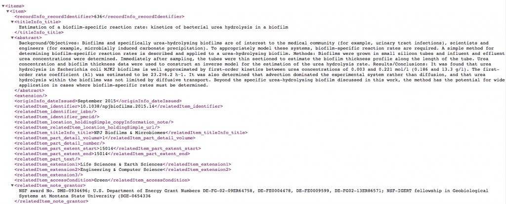 Figure 1.2 Providing structured data via an API to allow others to use our citation data (Example API response: http://arc.lib.montana.edu/msu-research-citations/api?v=1&date=2015-09&format=xml) 