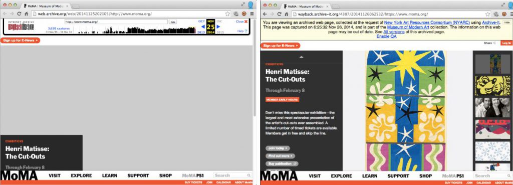 Fig.1. Two archival versions of the Museum of Modern Art’s homepage from the same time period. Left: As archived on November 25, 2014, by the Internet Archive’s automated web crawler and replayed through the Wayback Machine. Right: As archived on November 26, 2014, assured for quality, and replayed by NYARC using the Archive-It subscription service.