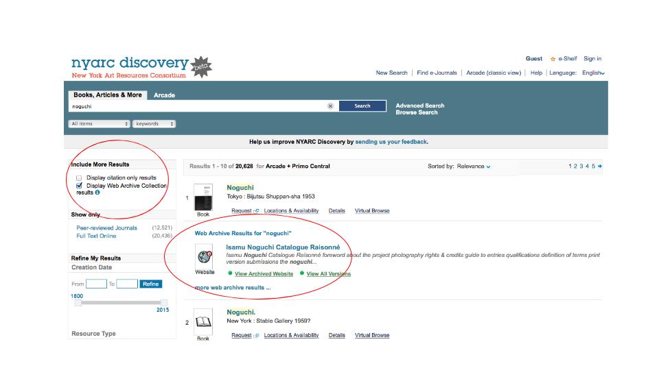 Fig. 2. A search in NYARC Discovery for the Isamu Noguchi Catalogue Raisonné yields web archive results from NYARC’s Archive-It collections.