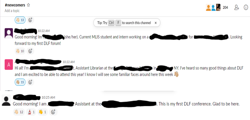 screenshot from #newcomers Slack channel
