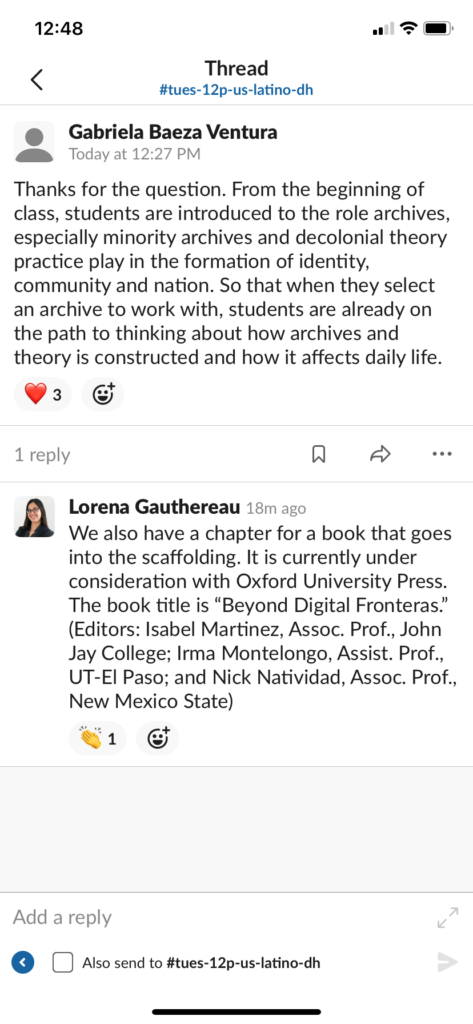 Pair of Screenshots from Panel Powerpoint Presentation and Slack Conversation showcasing the Pedagogical Design of the Recovering the U.S. Hispanic Literary Heritage Project