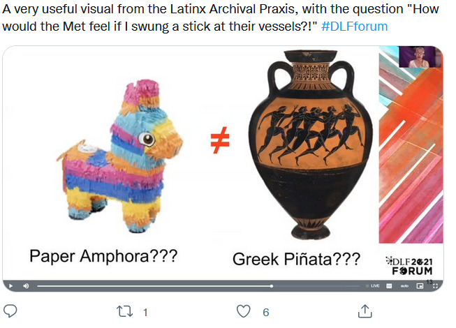 A very useful visual from the Latinx Archival Praxis, with the question "How would the Met feel if I swung a stick at their vessels?" #DLFforum
