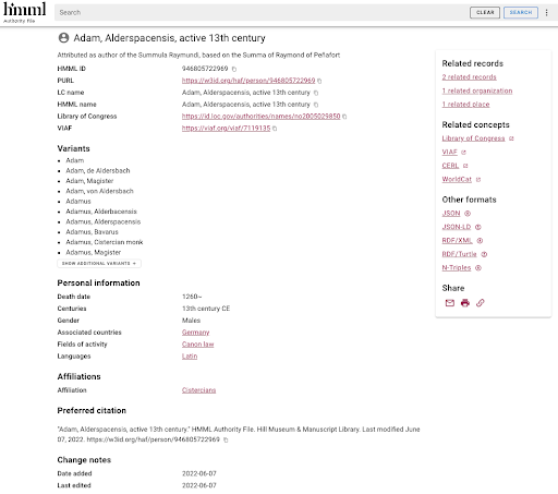 Screenshot of the Hill Museum & Manuscript Library’s record for “Adam, Alderspacensis, active 13th century” that links to this LCNAF record.
