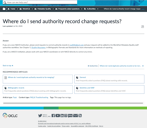 Image 2: Screenshot of the OCLC form to report name authority change requests in VIAF.
