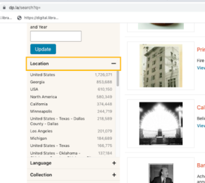 Image 5: Screenshot of the “Location” search filter options in DPLA, with a series of name variations.