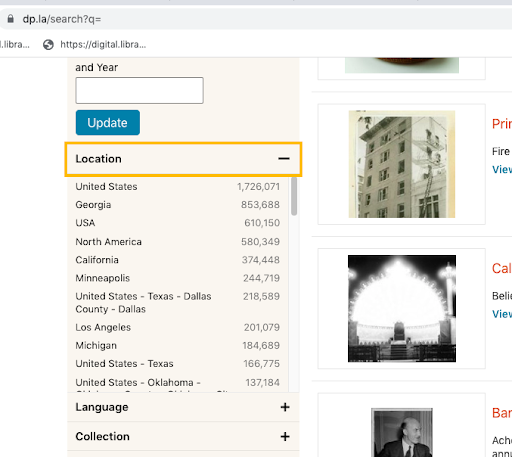 Image 5: Screenshot of the “Location” search filter options in DPLA, with a series of name variations. 