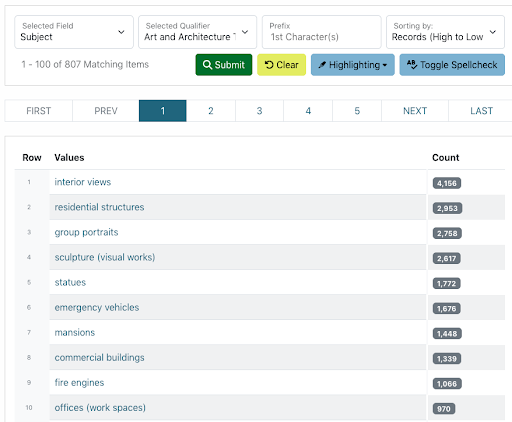 Image 7: Screenshot of 10 most frequently-used Getty Art & Architecture Thesaurus terms in the UNT Libraries’ Digital Collections, displayed in the “Facet” tool