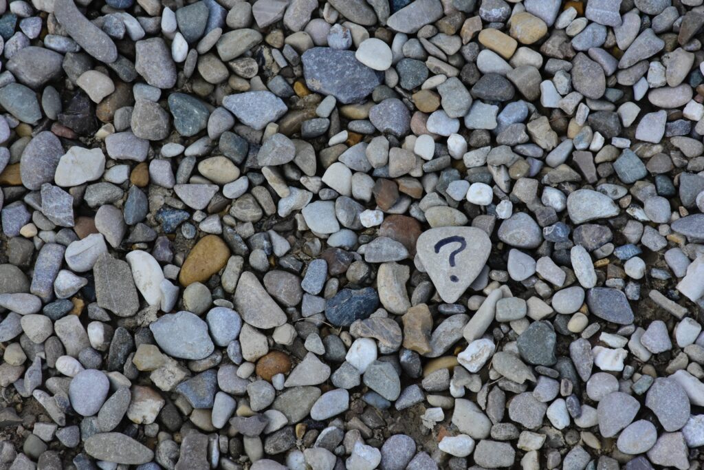 gray and brown stones, one stone has a question mark written on it