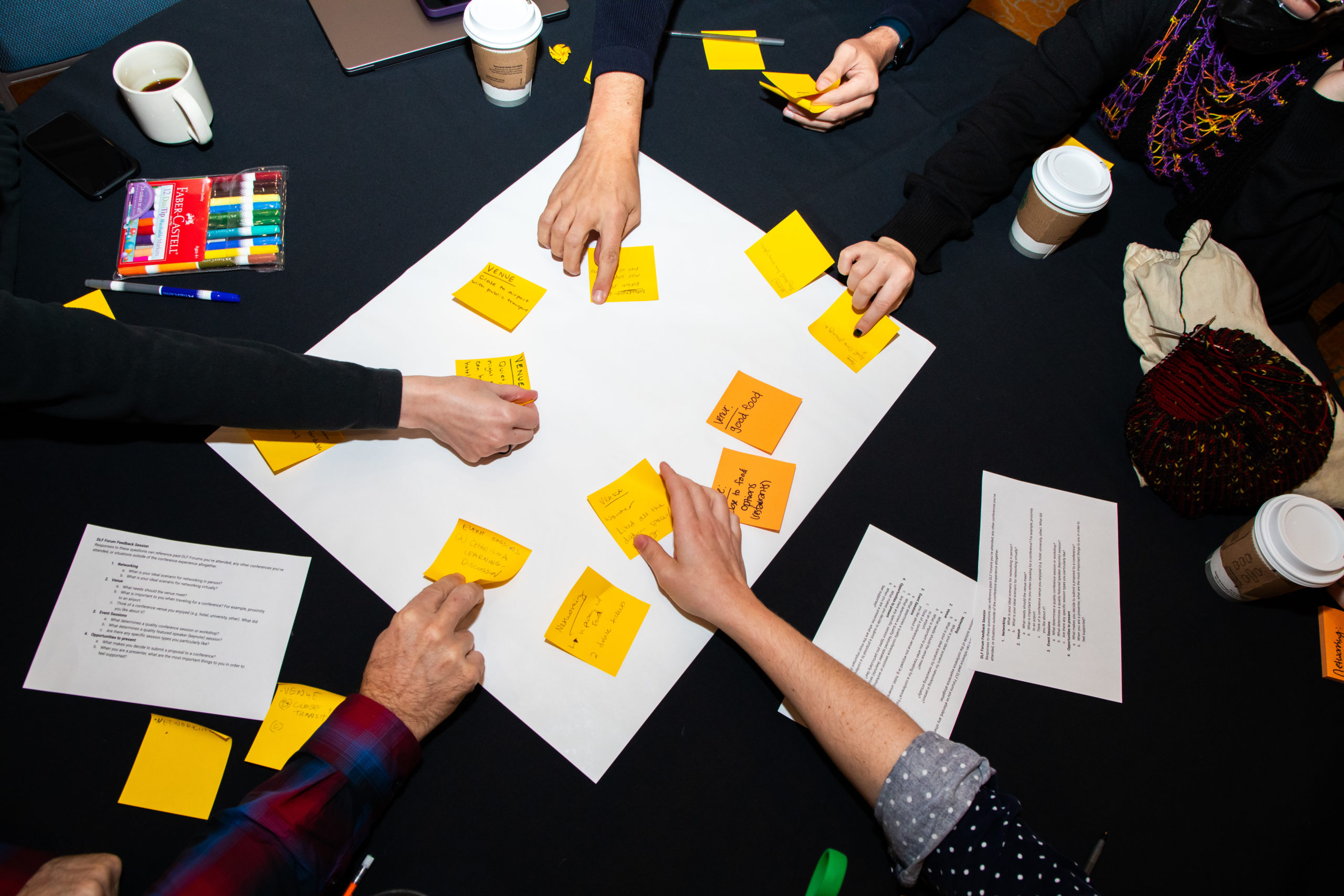 Birds eye view of a table with sticky notes, showing people reaching for things.