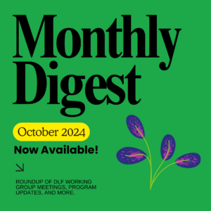 Green background with black text that reads “Monthly Digest,” month highlighted in yellow. Subtext explains the roundup. Purple plant in bottom right.